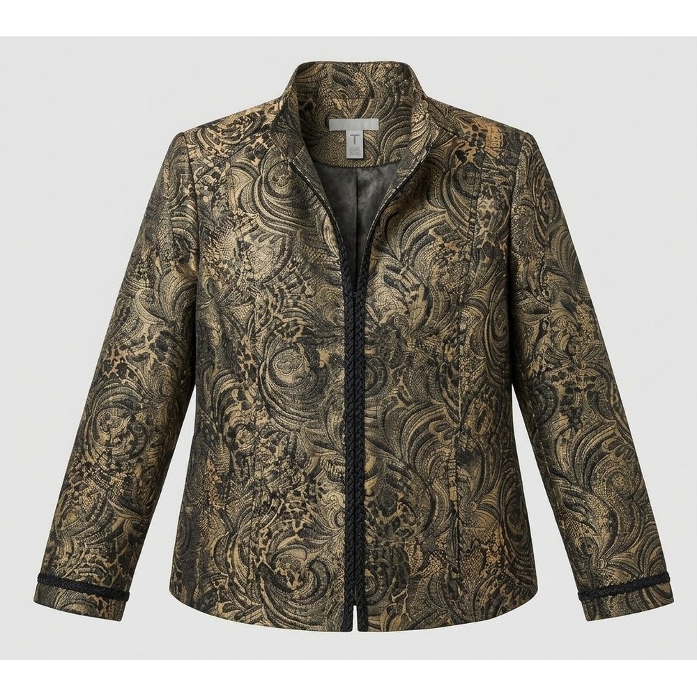 Chico's Women's Brown & Black Paisley Embroidered Leopard Lined Blazer. Size 2